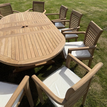Teak Garden Furniture Set 4CM Thick 180cm - 240cm Dining table & 10 Chairs with Cushions