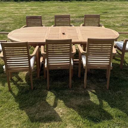 Teak Garden Furniture Set 4CM Thick 180cm - 240cm Dining table & 8 Chairs with Cushions