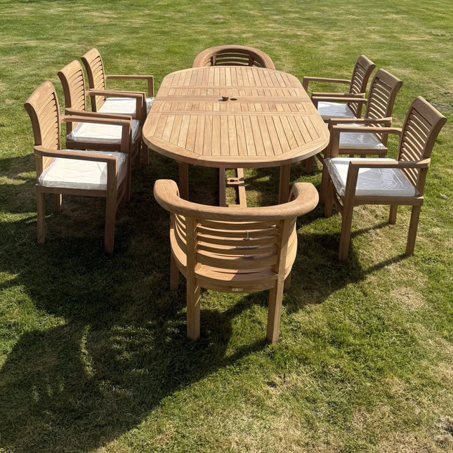 Teak Garden Furniture Set 4cm 180cm - 240cm Extending Dining Table & 6 Chairs + 2 Harmony Curve Chairs