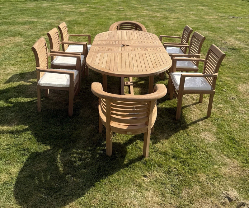 Teak Garden Furniture Set 4cm 180cm - 240cm Extending Dining Table & 6 Chairs + 2 Harmony Curve Chairs