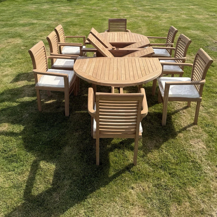 Teak Garden Furniture Set 4CM Thick 180cm - 240cm Dining table & 8 Chairs with Cushions