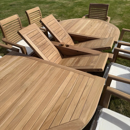 Teak Garden Furniture Set 4CM Thick 180cm - 240cm Dining table & 8 Chairs with Cushions