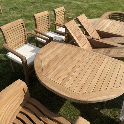 Teak Garden Furniture Set 4cm 180cm - 240cm Extending Dining Table & 6 Chairs + 2 Harmony Curve Chairs
