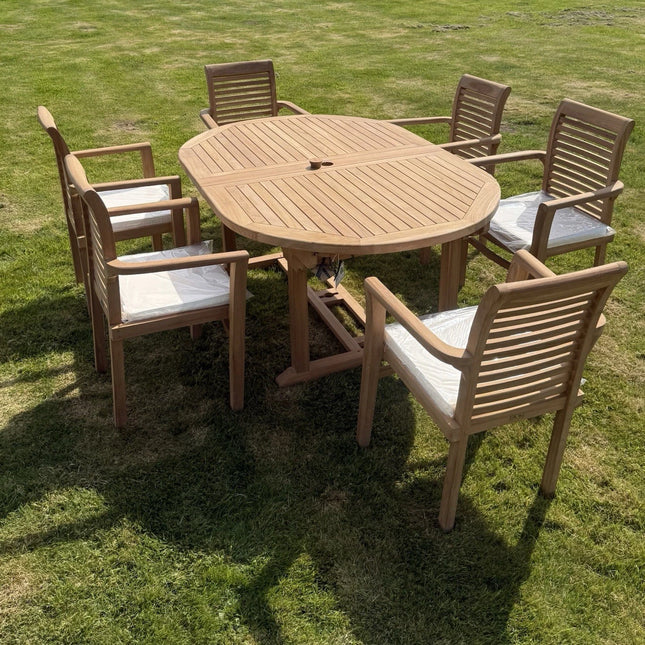 Teak Garden Furniture Set 4CM Thick 180cm - 240cm Dining table & 8 Chairs with Cushions