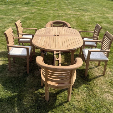 Teak Garden Furniture Set 4cm 180cm - 240cm Extending Dining Table & 4 Chairs + 2 Harmony Curve Chairs