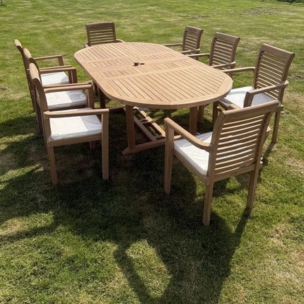 Teak Garden Furniture Set 4CM Thick 180cm - 240cm Dining table & 8 Chairs with Cushions