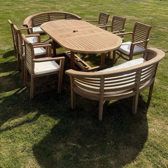 Teak Garden Furniture Set 4cm 180cm - 240cm Extending Dining Table & 6 Chairs + 2 Harmony Curve Benches