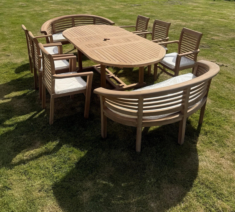 Teak Garden Furniture Set 4cm 180cm - 240cm Extending Dining Table & 6 Chairs + 2 Harmony Curve Benches