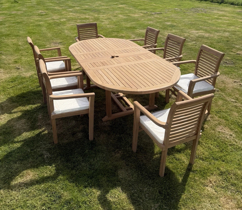 Teak Garden Furniture Set 4CM Thick 180cm - 240cm Dining table & 8 Chairs with Cushions