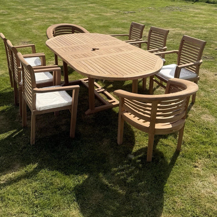 Teak Garden Furniture Set 4cm 180cm - 240cm Extending Dining Table & 6 Chairs + 2 Harmony Curve Chairs