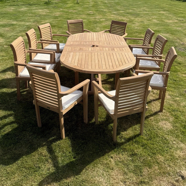 Teak Garden Furniture Set 4CM Thick 180cm - 240cm Dining table & 10 Chairs with Cushions