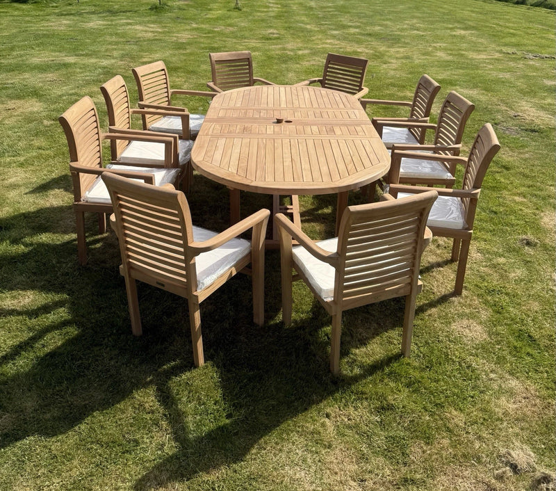Teak Garden Furniture Set 4CM Thick 180cm - 240cm Dining table & 10 Chairs with Cushions